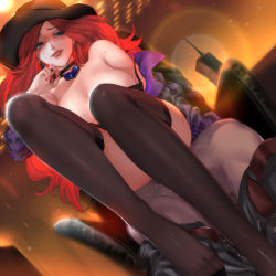 Rule 34 | 1boy, 1girl, armchair, black bra, black thighhighs, blue eyes, bra, bra pull, breasts, chair, choker, clothed sex, clothes pull, crime city miss fortune, dutch angle, earrings, feet, hat, hetero, indoors, jacket, jewelry, large breasts, league of legends, long hair, miss fortune (league of legends), nail polish, necklace, no shoes, open clothes, open jacket, parted lips, pd (pdpdlv1), phone, pussy juice, red hair, red lips, red nails, reverse upright straddle, sex, sex from behind, sitting, sitting on lap, sitting on person, smirk, solo focus, sweat, thighhighs, underwear