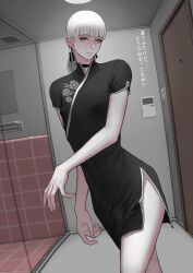 Rule 34 | 1boy, bathroom, black choker, black dress, blunt bangs, china dress, chinese clothes, choker, commentary request, cowboy shot, crossed legs, door, dress, drop earrings, dutch angle, earrings, hair behind ear, highres, indoors, jewelry, jittsu, light smile, lips, looking at viewer, male focus, original, paid reward available, ponytail, short dress, short sleeves, side slit, smile, solo, standing, taut clothes, taut dress, tile floor, tile wall, tiles, translation request, trap, white hair