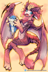 Rule 34 | 1girl, absurdres, animal, animal ears, animal feet, animal hands, blonde hair, blue eyes, claws, colored skin, creature, digitigrade, dragon girl, dragon horns, dragon tail, dragon wings, fangs, flat chest, full body, fur-tipped tail, highres, holding, holding animal, horns, imazawa, looking at viewer, monster girl, monster hunter, monster hunter: world, monster hunter (series), multicolored hair, multicolored skin, neck fur, open mouth, orange background, orange skin, personification, red hair, red horns, red scales, red skin, red wings, scales, short hair, sidelocks, simple background, sitting, solo, tail, teostra, wings