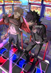 Rule 34 | 2boys, arcade, arms behind back, black footwear, black hair, black jacket, black pants, blonde hair, blue pants, boku no hero academia, burn scar, chain, clenched teeth, dabi (boku no hero academia), dance dance revolution, feathered wings, feathers, fingerless gloves, from above, gloves, hawks (boku no hero academia), jacket, jewelry, kadeart, messy hair, multiple boys, multiple scars, necklace, pants, red feathers, red wings, scar, shirt, short hair, sleeves rolled up, spiked hair, stitches, stretching, teeth, todoroki touya, white footwear, white shirt, wings