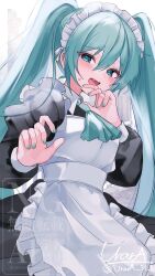 1girl alternate_costume apron aqua_ascot aqua_eyes aqua_hair aqua_nails frilled_apron frills hair_between_eyes hatsune_miku highres looking_at_viewer maid maid_apron maid_headdress open_mouth puffy_sleeves signature twintails urara_31_e vocaloid white_apron