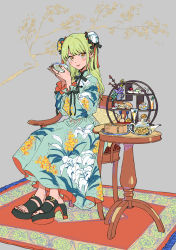Rule 34 | 1girl, bad id, bad pixiv id, carpet, chair, chinese clothes, chizu (mikankanntenn), cup, dress, facing viewer, floral print, flower, food, full body, green eyes, grey background, hair bun, highres, holding, holding cup, light smile, long dress, long sleeves, looking at viewer, original, platform clogs, platform footwear, platform heels, side bun, simple background, single side bun, sitting, solo, sweets, table, teapot, tree, trinkets, wooden table, yellow eyes