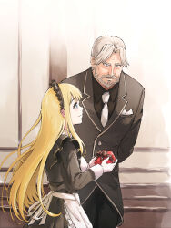 1boy 1girl apron arms_behind_back beard black_pants black_shirt black_suit blonde_hair blue_eyes box butler closed_mouth facial_hair formal_clothes from_side full_beard gloves grey_eyes grey_hair heart-shaped_box hetero highres holding holding_box light_blush long_hair looking_at_another looking_at_object maid maid_apron maid_headdress mature_male necktie ninjin_ika open_mouth overlord_(maruyama) pants sebas_tian shirt short_hair smile suit tsuareninya_veyron valentine white_apron white_gloves white_necktie