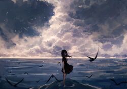 Rule 34 | 1girl, arm at side, axleaki, barefoot, bird, black dress, black eyes, cloud, cloudy sky, commentary, dress, english commentary, floating hair, highres, long hair, looking at viewer, neckerchief, ocean, original, outdoors, pleated dress, red neckerchief, sailor dress, scenery, school uniform, short sleeves, sky, solo, standing, wide shot