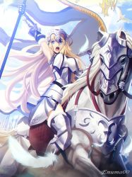 Rule 34 | 1girl, aora, arm up, armor, armored dress, armpits, artist name, blonde hair, blue eyes, breasts, chain, fate/apocrypha, fate/grand order, fate (series), feathers, flag, gauntlets, greaves, headpiece, horseback riding, jeanne d&#039;arc (fate), jeanne d&#039;arc (ruler) (fate), jeanne d&#039;arc (third ascension) (fate), large breasts, long hair, looking at viewer, open mouth, polearm, riding, ruler (fate/grand order), solo, spear, weapon, white feathers, yellow eyes