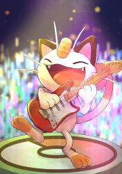 Rule 34 | blurry, blurry background, closed eyes, coin, creatures (company), electric guitar, fangs, fender stratocaster, game freak, gen 1 pokemon, guitar, highres, holding, instrument, meowth, misonikomiii, nintendo, no humans, open mouth, poke ball print, pokemon, pokemon (creature), sharp teeth, spotlight, standing, standing on one leg, tail, teeth, whiskers