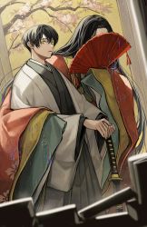 Rule 34 | 1boy, 1girl, arm around back, black hair, blurry, branch, coat, commentary request, covered face, covering face, depth of field, dutch angle, earrings, folding fan, glitch, grey hakama, hakama, hand fan, hands on hilt, haori, height difference, highres, holding, holding fan, japanese clothes, jewelry, katana, kimono, layered clothes, layered kimono, long hair, long sleeves, looking at viewer, mole, mole under eye, original, outstretched arms, own hands together, painting (object), short hair, sideways glance, size difference, sleeves past fingers, sleeves past wrists, standing, straight hair, stud earrings, sword, tassel, uminonew, very long hair, weapon, white coat, wide sleeves, yellow eyes