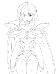 Rule 34 | 1girl, armor, cape, face, flare (langrisser), flying sweatdrops, gauntlets, greyscale, highres, langrisser, langrisser iii, lineart, monochrome, one eye closed, open mouth, own hands together, pauldrons, short hair, shoulder armor, solo, thighhighs, uchiu kazuma, wink