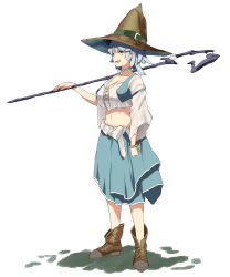 Rule 34 | 1girl, :d, blue hair, blue skirt, boots, breasts, brown footwear, brown hat, cleavage, copyright request, full body, hat, hat belt, highres, holding, holding staff, long sleeves, looking at viewer, midriff, navel, open mouth, shirt overhang, simple background, skirt, smile, solo, staff, white background, wide sleeves, yellow eyes, yozo (stanky)