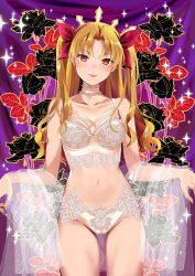 Rule 34 | 1girl, :p, bare shoulders, blonde hair, blush, bow, bra, breasts, choker, collarbone, cowboy shot, ereshkigal (fate), fate/grand order, fate (series), groin, hair bow, ice (ice aptx), lace, lace-trimmed bra, lace-trimmed panties, lace trim, lingerie, long hair, looking at viewer, navel, panties, parted lips, pink bow, red eyes, see-through, small breasts, smile, solo, sparkle, stomach, tongue, tongue out, two side up, underwear, underwear only, white bra, white choker, white panties