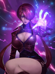 Rule 34 | 1girl, breasts, cleavage, cleavage cutout, clothing cutout, cropped jacket, dark persona, dark skin, dark-skinned female, earrings, electricity, hair over eyes, hair over one eye, highres, jewelry, large breasts, leotard, lipstick, long hair, looking at viewer, makeup, miniskirt, orochi shermie, purple eyes, purple hair, shermie (kof), signature, skirt, solo, split ponytail, the king of fighters, twintails, xiaoguimist
