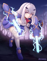 Rule 34 | 1girl, azzypics, bent over, blue dress, blue footwear, breasts, capelet, dress, fate/grand order, fate (series), flower, forked eyebrows, frilled dress, frills, gloves, glowing, glowing weapon, hair ornament, highres, long hair, long sleeves, looking at viewer, medium breasts, melusine (fate), melusine (second ascension) (fate), open mouth, orange eyes, rose, sidelocks, solo, thighhighs, weapon, white flower, white hair, white rose, white thighhighs, zettai ryouiki