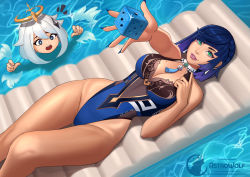 Rule 34 | 2girls, ^^^, afloat, artist logo, artist name, astrowolf, bare arms, bare legs, bare shoulders, blue hair, blue nails, blue one-piece swimsuit, braid, breasts, choker, cleavage, commentary, diagonal bangs, dice, earrings, english commentary, feet out of frame, floating, floating object, from above, genshin impact, gradient hair, green eyes, hair ornament, halo, hand on own chest, highleg, highleg swimsuit, inflatable raft, jewelry, knee up, large breasts, legs, looking at viewer, lying, mechanical halo, medium breasts, medium hair, mole, mole on breast, multicolored hair, multiple girls, nail polish, on back, one-piece swimsuit, open hand, open mouth, outstretched arm, paimon (genshin impact), parted lips, purple hair, reaching, reaching towards viewer, short hair, smile, splashing, star (symbol), star hair ornament, struggling, swimsuit, tassel, tassel choker, teeth, upper teeth only, water, white hair, yelan (genshin impact)