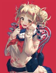 Rule 34 | 10s, 1girl, belt, blonde hair, blood, blood on clothes, blood on face, blunt bangs, boku no hero academia, cardigan, cowboy shot, double bun, fangs, hair bun, highres, kinty, long sleeves, messy hair, open mouth, red background, sailor collar, school uniform, serafuku, simple background, smile, solo, teeth, toga himiko, utility belt, yellow eyes