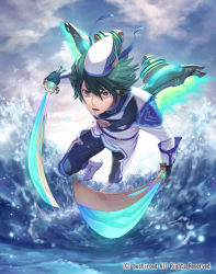 Rule 34 | 1boy, boots, cardfight!! vanguard, cloud, company name, gloves, green eyes, green hair, hat, male focus, necktie, official art, open mouth, sky, solo, sword, terumii, water, weapon, wheel assault
