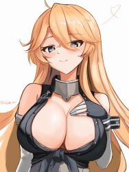 Rule 34 | 1girl, blonde hair, blue eyes, breasts, cleavage, collar, dimos (dawn 1945), elbow gloves, gloves, hair between eyes, highres, iowa (kancolle), kantai collection, large breasts, long hair, looking at viewer, metal collar, smile, solo, star-shaped pupils, star (symbol), symbol-shaped pupils, upper body, very long hair, white background