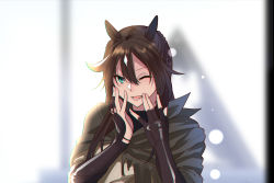 Rule 34 | 1girl, animal ears, arknights, black gloves, blue eyes, blush, braid, brown hair, cloak, crown braid, elbow gloves, fingerless gloves, gloves, hair between eyes, hair flaps, hands on own face, highres, horse ears, light particles, long hair, looking at viewer, meteor (arknights), one eye closed, open mouth, shijie jianfa, shirt, smile, solo, turtleneck, upper body