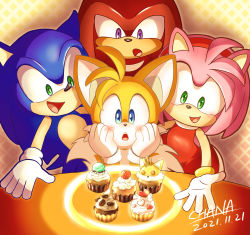 Rule 34 | animal ears, animal nose, blue eyes, chana (furrytails), commentary request, cupcake, emii (akabanzu), food, fox boy, fox ears, fox tail, furry, furry female, furry male, gloves, highres, knuckles the echidna, male focus, multiple boys, simple background, smile, sonic (series), sonic the hedgehog, tail, tails (sonic)