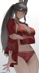 Rule 34 | 1girl, absurdres, animal ears, arm under breasts, warrior of light (ff14), bikini, black hair, blush, breasts, cleavage, closed mouth, dark-skinned female, dark skin, eyelashes, final fantasy, final fantasy xiv, gradient background, highres, jacket, jewelry, large breasts, long hair, long sleeves, mole, mole under mouth, necklace, open clothes, open jacket, ponytail, red bikini, red eyes, red jacket, saturndxy, simple background, solo, swimsuit, twitter username, very long hair
