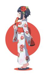 Rule 34 | 1girl, absurdres, arm behind back, black footwear, black hair, blush, closed mouth, colored shadow, commentary request, floral print, flower, green eyes, hair flower, hair ornament, hand fan, highres, holding, holding fan, japanese clothes, kimono, kuro kosyou, long sleeves, looking away, obi, original, paper fan, print kimono, profile, red background, red flower, sandals, sash, shadow, smile, solo, thick eyebrows, two-tone background, uchiwa, virtual youtuber, white background, white kimono, wide sleeves, yukata, zouri