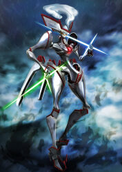 Rule 34 | dual wielding, energy sword, full body, hand on own hip, highres, holding, mecha, no humans, over shoulder, plume, robot, star driver, steam, sword, tauburn (star driver), weapon, weapon over shoulder, yoshinobuta