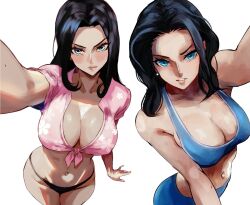 Rule 34 | 1girl, bare arms, bare shoulders, bikini, black hair, blue bra, blue eyes, blue pants, bra, breasts, cleavage, closed mouth, cowboy shot, crop top, earrings, female focus, fingernails, floral print, foreshortening, from above, highres, jewelry, large breasts, lips, long hair, looking at viewer, midriff, multiple views, navel, nico robin, nose, one piece, pants, parted lips, perspective, pink shirt, selfie, shirt, short sleeves, sideboob, sidelighting, simple background, solo, sports bra, swimsuit, tied shirt, tsurime, underwear, upper body, v-shaped eyebrows, vcais, wavy hair, white background, yoga pants