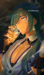 Rule 34 | 1boy, alcohol, artist name, black background, black gloves, blue eyes, blue hair, blue vest, cigarette, closed mouth, collarbone, collared shirt, commentary, cup, dark-skinned male, dark skin, earrings, english commentary, eyepatch, fingerless gloves, fingernails, genshin impact, glint, gloves, hair over one eye, hair over shoulder, hand up, highres, holding, holding cigarette, holding cup, ice, ice cube, jewelry, kaeya (genshin impact), long hair, male focus, multicolored hair, one eye covered, parted bangs, pectoral cleavage, pectorals, ponytail, shirt, sidelocks, smile, smirk, smoke, snifflesmp4, solo, streaked hair, swept bangs, tumbler glass, twitter username, upper body, vest, white shirt, wing collar