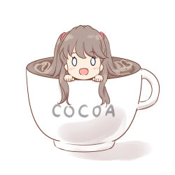 Rule 34 | 0 0, 1girl, :d, blush, brown hair, cup, fujishima megumi, highres, hot chocolate, in container, in cup, link! like! love live!, long hair, looking at viewer, love live!, mini person, minigirl, open mouth, shadow, simple background, smile, solo, soramizuki, teacup, two side up, white background