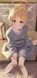 Rule 34 | 1girl, absurdres, bath yukata, blonde hair, blue archive, blush, closed mouth, commentary, feet out of frame, gubbi on, halo, highres, japanese clothes, kimono, korean commentary, long sleeves, looking at viewer, nodoka (blue archive), nodoka (hot spring) (blue archive), obi, onsen, pink halo, red eyes, sash, short hair, smile, solo, water, wide sleeves, yukata