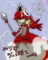 Rule 34 | 1girl, artist request, breasts, center frills, cleavage, covered navel, crown, dress, elbow gloves, frills, genderswap, genderswap (mtf), gloves, hair between eyes, holding, holding polearm, holding spear, holding weapon, long hair, mario (series), new super mario bros. u deluxe, nintendo, open mouth, polearm, ponytail, red gloves, red hair, small breasts, smile, solo, spear, super crown, super mario rpg, weapon, yaridovich, yellow eyes