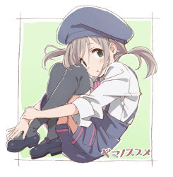 Rule 34 | 10s, 1girl, beret, black footwear, black thighhighs, blue dress, blue hat, blush, border, copyright name, diagonal stripes, dress, employee uniform, expressionless, fetal position, from side, full body, green background, green eyes, grey hair, hand on own wrist, hat, hugging own legs, legs up, long sleeves, looking at viewer, low twintails, mary janes, matsuo yuusuke, outside border, parted lips, pinafore dress, shirt, shoes, short hair, sleeveless, sleeveless dress, sleeves rolled up, solo, striped, swept bangs, tareme, thighhighs, twintails, uniform, white shirt, yama no susume, yukimura aoi