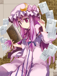 Rule 34 | 1girl, book, creaholic, female focus, flying paper, hat, long hair, paper, patchouli knowledge, purple hair, ribbon, solo, toshihiro, touhou