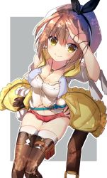 Rule 34 | 1girl, atelier (series), atelier ryza, atelier ryza 1, belt, breasts, brown eyes, brown hair, cleavage, flask, hair ornament, hairclip, hat, highres, jewelry, looking at viewer, nanamomo rio, necklace, red shorts, reisalin stout, round-bottom flask, short shorts, shorts, smile, solo, star (symbol), thighhighs, thighs