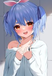 Rule 34 | 1girl, :d, blue hair, blue ribbon, blush, bra strap, brown eyes, chest tattoo, hair ribbon, halterneck, highres, hololive, looking at viewer, mikumineko, off shoulder, open mouth, rabbit-shaped pupils, ribbon, shirt, smile, solo, star tattoo, symbol-shaped pupils, tattoo, thick eyebrows, two side up, upper body, usada pekora, virtual youtuber, white shirt