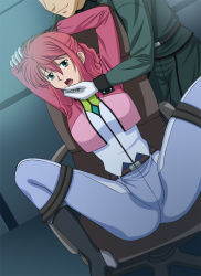 Rule 34 | 00s, 1girl, arms up, bdsm, belt, blue eyes, bondage, boots, bound, breasts, chair, feldt grace, gloves, gundam, gundam 00, jacket, large breasts, long hair, open mouth, pink hair, rope, sitting, skin tight, spread legs, standing, thighhighs, vogue