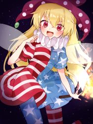 Rule 34 | 1girl, american flag dress, american flag legwear, bad id, bad pixiv id, black background, blonde hair, blush, clownpiece, cowboy shot, dress, fairy wings, fire, hat, highres, holding, jester cap, long hair, looking at viewer, neck ruff, open mouth, pantyhose, polka dot, purple hat, red eyes, short sleeves, simple background, smile, solo, star (symbol), star print, striped, suikario, torch, touhou, transparent wings, very long hair, wings