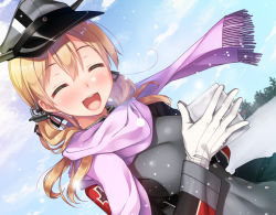 Rule 34 | 1girl, :d, ^ ^, anchor hair ornament, blonde hair, blue sky, blush, closed eyes, cloud, day, enpera, gloves, grey hat, hair between eyes, hair ornament, hat, imachireki, kantai collection, long hair, open mouth, outdoors, peaked cap, pink scarf, prinz eugen (kancolle), scarf, short twintails, sky, smile, snow, solo, twintails, white gloves