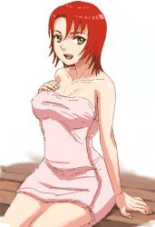 Rule 34 | 00s, 1girl, :d, bare shoulders, bench, breasts, cleavage, green eyes, hair between eyes, hand on own chest, impossible towel, large breasts, looking at viewer, my-hime, naked towel, oekaki, open mouth, red hair, short hair, simple background, sitting, sketch, smile, solo, taut clothes, towel, white background, wide hips, yuuki nao