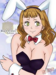 Rule 34 | 1girl, black clover, black leotard, blush, breasts, closed mouth, earrings, excaliburoverdrive, hair ornament, highres, jewelry, large breasts, leotard, long hair, mimosa vermillion, orange hair, playboy bunny, rabbit hair ornament, smile, strapless, strapless leotard, tagme, yellow eyes