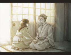 Rule 34 | 1boy, 1girl, crying, door, eye contact, floor, graphite (medium), indoors, long hair, long sleeves, looking at another, looking away, machi (ch1ja), mechanical pencil, original, parted lips, pencil, seiza, short hair, sitting, traditional media