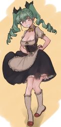Rule 34 | 1girl, abaratani kurou, anchovy (girls und panzer), apron, arms behind back, black dress, black footwear, black ribbon, breasts, brown apron, brown eyes, brown socks, choker, cleavage, commentary, dirndl, dress, drill hair, flats, frilled choker, frilled sleeves, frilled socks, frills, german clothes, girls und panzer, green hair, grin, hair ribbon, highres, long hair, looking at viewer, medium breasts, medium dress, own hands together, ribbon, ribbon choker, short sleeves, smile, socks, solo, standing, standing on one leg, twin drills, twintails, waist apron, yellow background, yellow neckwear