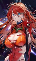 Rule 34 | 1girl, artist request, blue eyes, bodysuit, breasts, brown hair, cleavage, curvy, embarrassed, evangelion: 3.0+1.0 thrice upon a time, hair down, highres, interface headset, large breasts, lips, long hair, looking at viewer, neon genesis evangelion, plugsuit, rebuild of evangelion, red bodysuit, shiny clothes, simple background, skin tight, solo, souryuu asuka langley, sweat, torn bodysuit, torn clothes, very long hair, wide hips