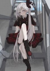 Rule 34 | 1girl, absurdres, black footwear, black jacket, blue archive, boots, buttons, cropped jacket, frilled skirt, frills, grey hair, high-waist skirt, highres, jacket, long hair, looking at viewer, miniskirt, mutsuki (blue archive), neck ribbon, plaid, plaid skirt, pointy ears, purple eyes, red ribbon, ribbon, short sleeves, side ponytail, skirt, swept bangs, teapotato3, wide sleeves