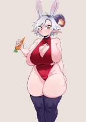 Rule 34 | 1girl, absurdres, arm behind back, black thighhighs, blush, breasts, carrot, cleavage, cleavage cutout, clothing cutout, curvy, food, grabbing thighs, grey hair, gs16 (chug), hand behind ass, hand on own thigh, heart, heart-shaped pupils, highres, holding, holding food, horns, huge breasts, jourjii, leotard, long ears, nervous, original, rabbit ears, red leotard, short hair, side cutout, sideboob, skin tight, skindentation, symbol-shaped pupils, thick thighs, thighhighs, thighs, white hair, wide hips, yellow eyes