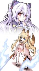 Rule 34 | 2girls, @ @, animal ears, bell, black jacket, blue eyes, cat ears, commentary request, detached sleeves, flat chest, food, food in mouth, fox ears, fox girl, fox tail, frilled sleeves, frills, hair between eyes, hair ornament, hairclip, highres, jacket, japanese clothes, kemomimi oukoku kokuei housou, long hair, long sleeves, meta&#039;36, mikoko (kemomimi oukoku kokuei housou), multiple girls, neck bell, neck ribbon, nora cat, nora cat channel, pink ribbon, pink shirt, pink skirt, pleated skirt, pocky, pocky in mouth, ribbon, ribbon-trimmed thighhighs, ribbon trim, sandals, shirt, skirt, tail, thighhighs, virtual youtuber, white hair, white shirt, white thighhighs, wide sleeves