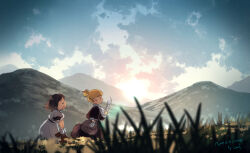 Rule 34 | 2girls, artist name, bag, black hair, blonde hair, blurry, blurry foreground, brown hair, closed eyes, cloud, commentary request, dress, field, gloves, grass, hair bun, holding, morino0903, mountain, multiple girls, open mouth, original, outdoors, profile, scenery, short hair, short sleeves, signature, single hair bun, sky, smile, walking
