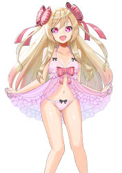 Rule 34 | 7iruca, absurdres, blonde hair, chaos marie (grimms notes), collarbone, grimms notes, hair ribbon, heart, heart-shaped pupils, highres, lingerie, long hair, looking at viewer, navel, nipples, open mouth, panties, pink eyes, pink panties, ribbon, see-through, simple background, smile, symbol-shaped pupils, underwear, white background