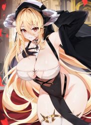 Rule 34 | 1girl, absurdres, arm behind head, azur lane, bare shoulders, black gloves, black headwear, blonde hair, blush, breasts, chen ying (alan-yut), cleavage, closed mouth, commentary request, covered navel, cowboy shot, gloves, habit, hair between eyes, halo, hand on own chest, highres, horns, implacable (azur lane), large breasts, long hair, looking at viewer, nun, orange eyes, smile, solo, thighhighs, white thighhighs
