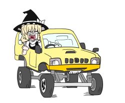 Rule 34 | 1girl, anger vein, blonde hair, bow, braid, commentary request, eyebrows, hair bow, hat, hat bow, hat ribbon, kirisame marisa, long hair, middle finger, monster truck, motor vehicle, open mouth, puffy short sleeves, puffy sleeves, ribbon, right-hand drive, round teeth, short sleeves, simple background, single braid, solo, teeth, touhou, translation request, uvula, witch hat, yamato damashi