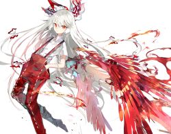 Rule 34 | 1girl, absurdly long hair, arched back, bow, collared shirt, commentary request, feathered wings, fire, fujiwara no mokou, hair bow, hands in pockets, highres, long hair, looking at viewer, pants, red eyes, red pants, red wings, rooseputo 02, shirt, shoes, simple background, solo, standing, suspenders, touhou, very long hair, white background, white bow, white hair, white shirt, wing collar, wings
